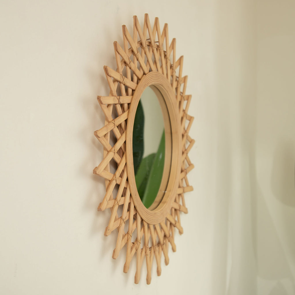 Wall Mounted Circle Mirror Boho Bamboo Natural 24x24 Inch Bedroom