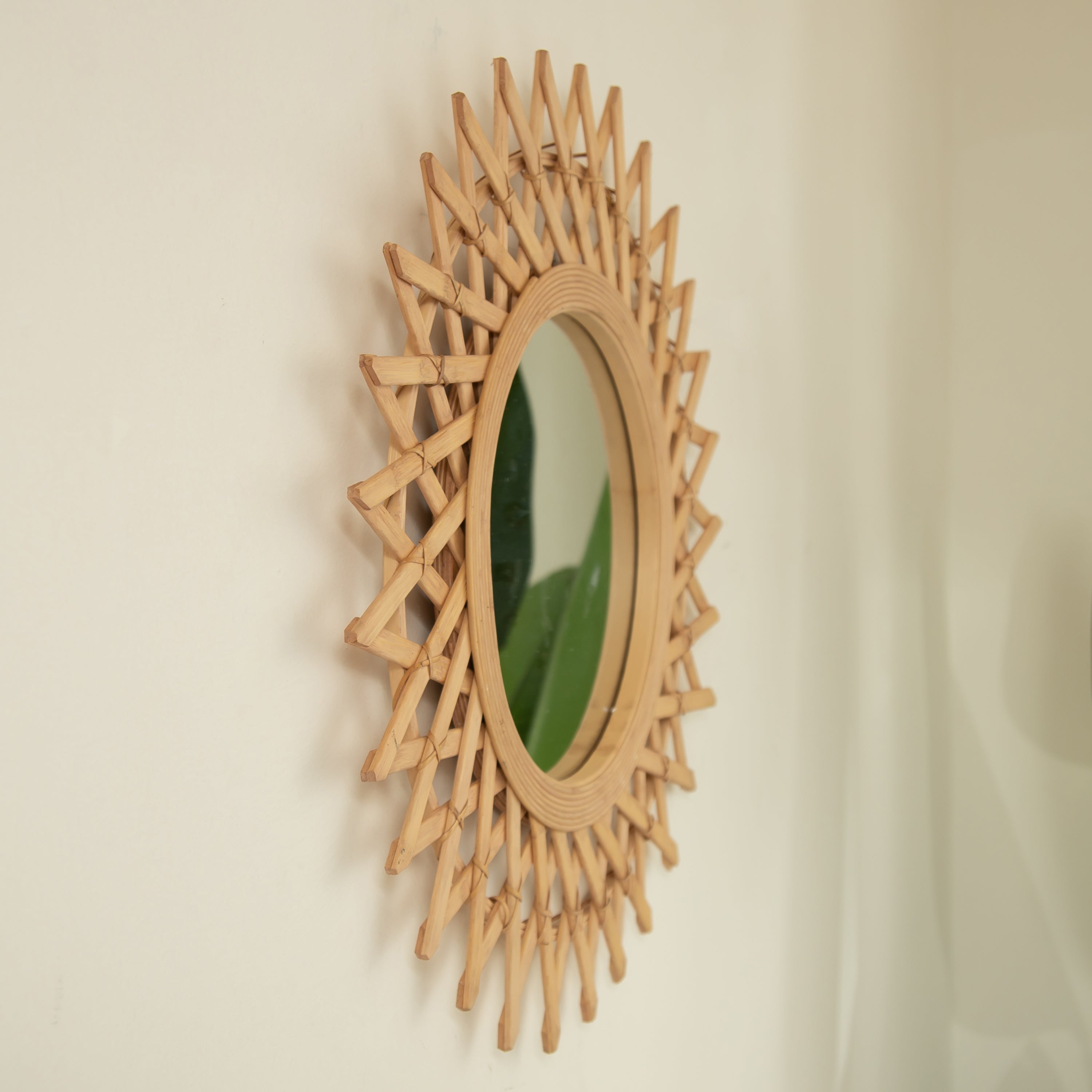 Wall Mounted Circle Mirror Boho Bamboo Natural 24x24 Inch Bedroom