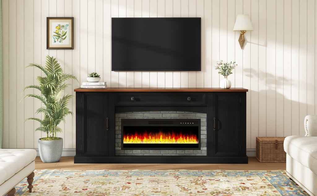 TV Stand Fireplace Black MDF Walnut Top Gray Brick 1400W Fits 70 In TV 66.9 In