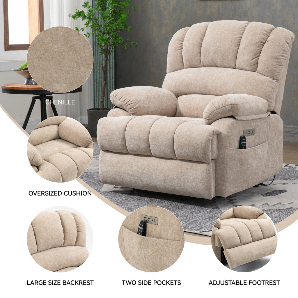 Lift Recliner Chair Power Oversized Chenille Beige 23 In Seat USB 350 LB