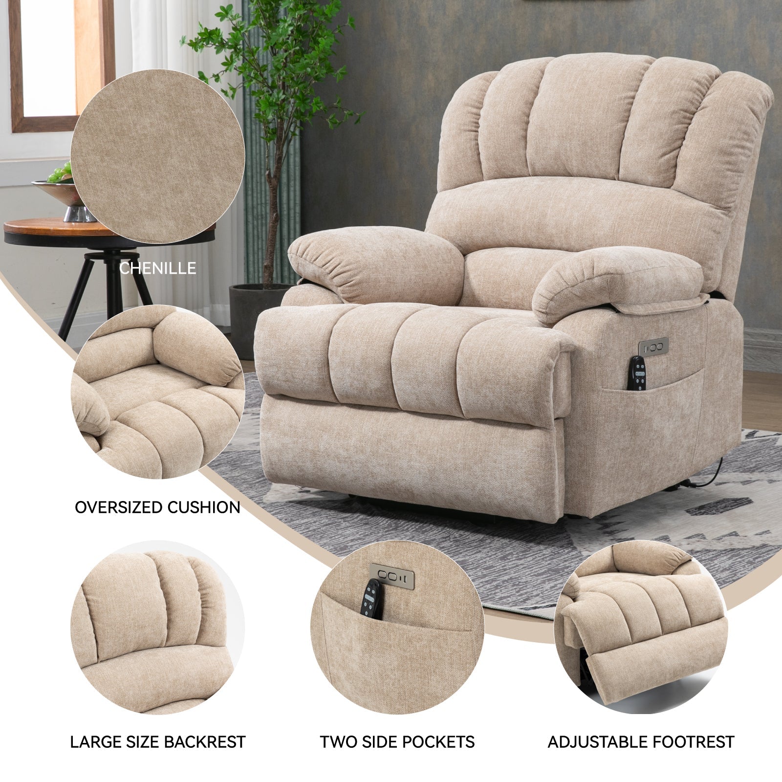 Lift Recliner Chair Power Oversized Chenille Beige 23 In Seat USB 350 LB