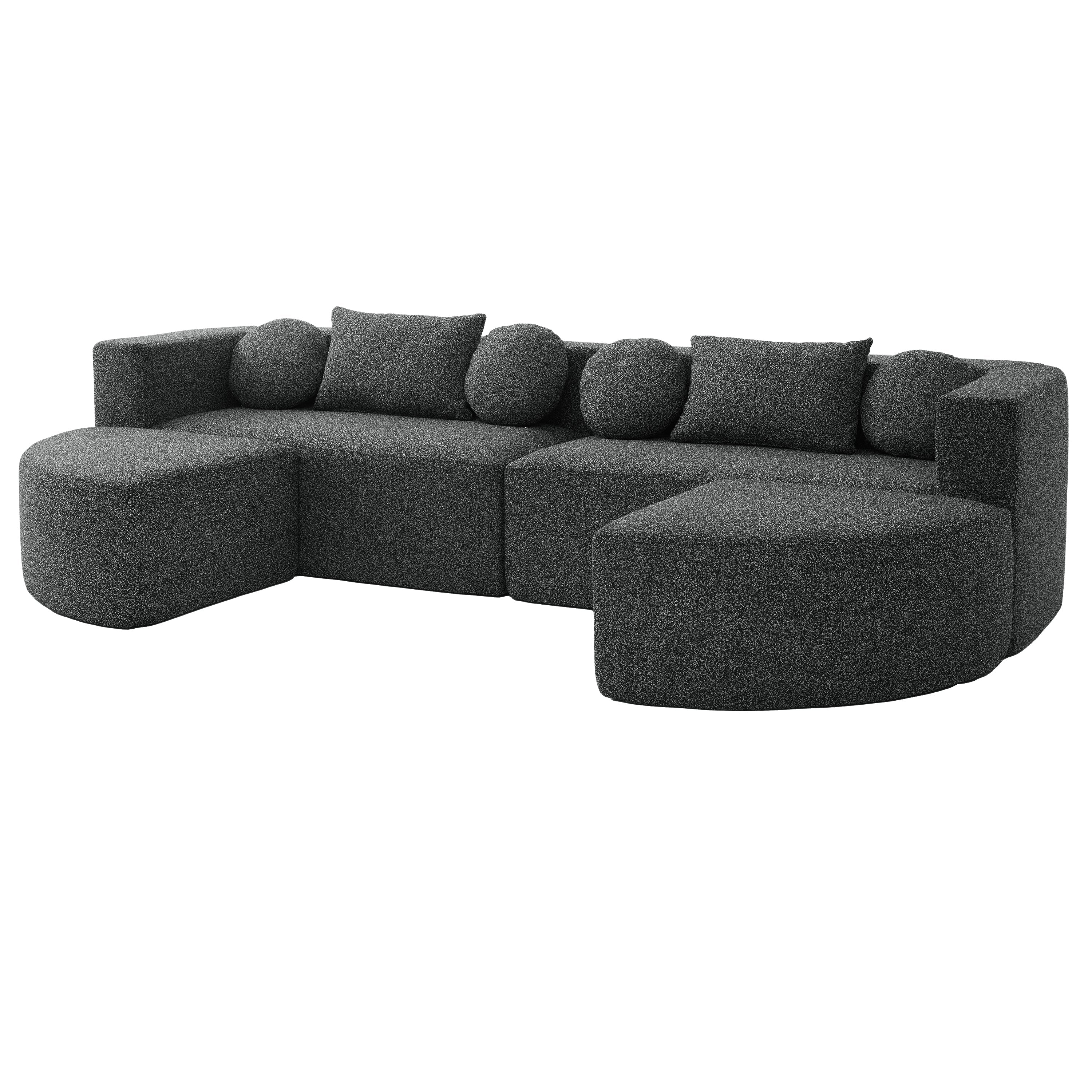 Sectional Sofa U-Shape Modular Boucle Black 6-Seat Deep Seating 114.9x64.5 In