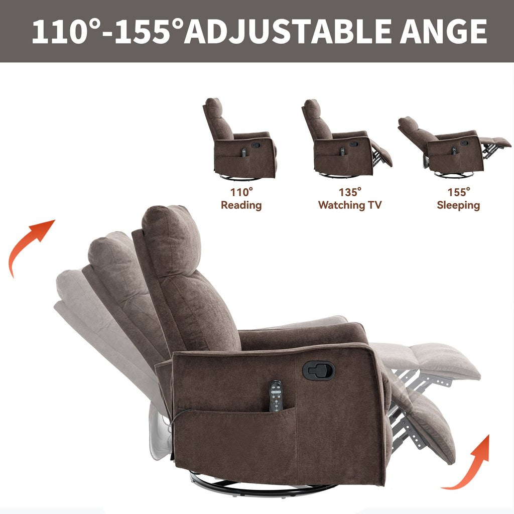 Recliner Chair Swivel Rocker Polyester Brown 360 Degree Heat Massage 155