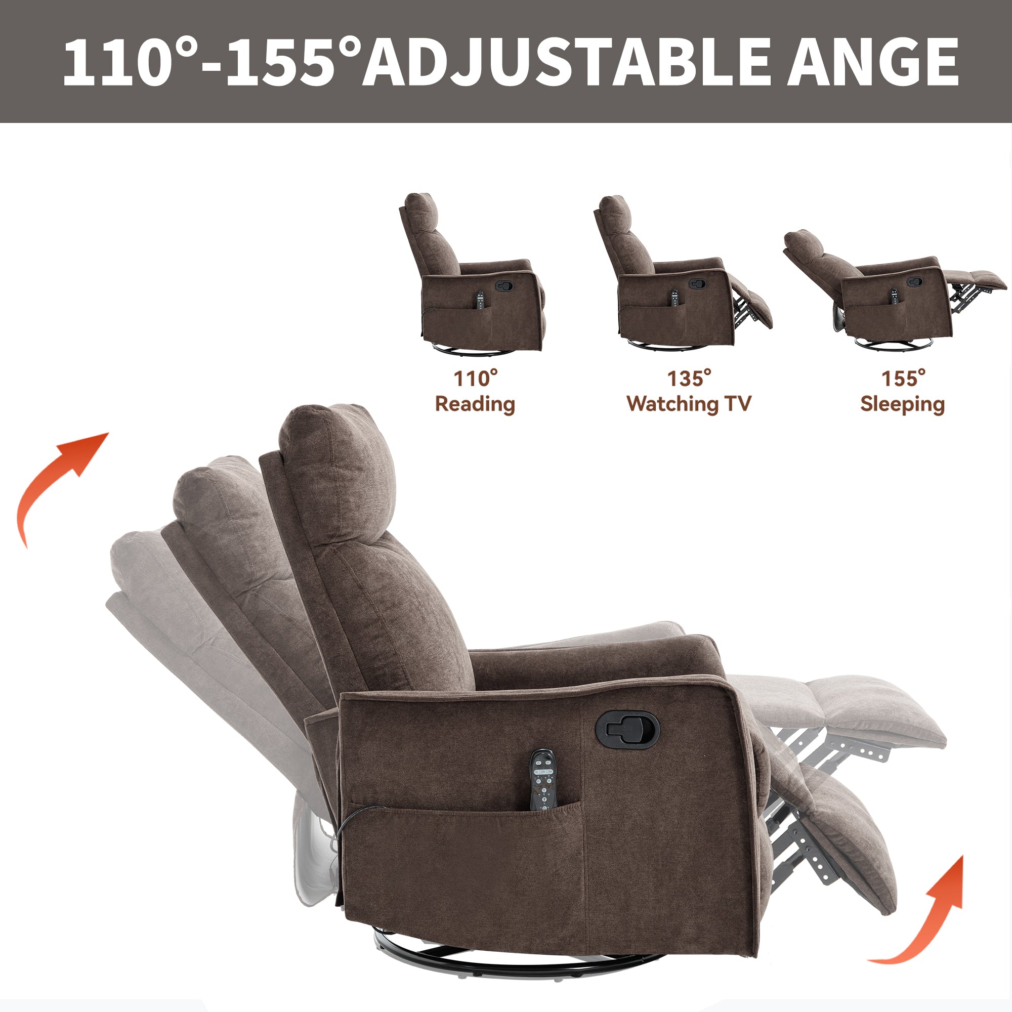 Recliner Chair Swivel Rocker Polyester Brown 360 Degree Heat Massage 155