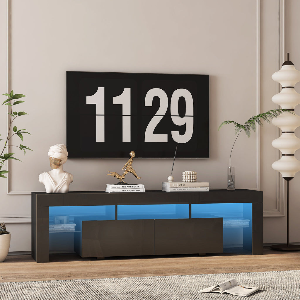 TV Stand High Gloss LED Black MDF Storage Cabinet Fits 65 In TV