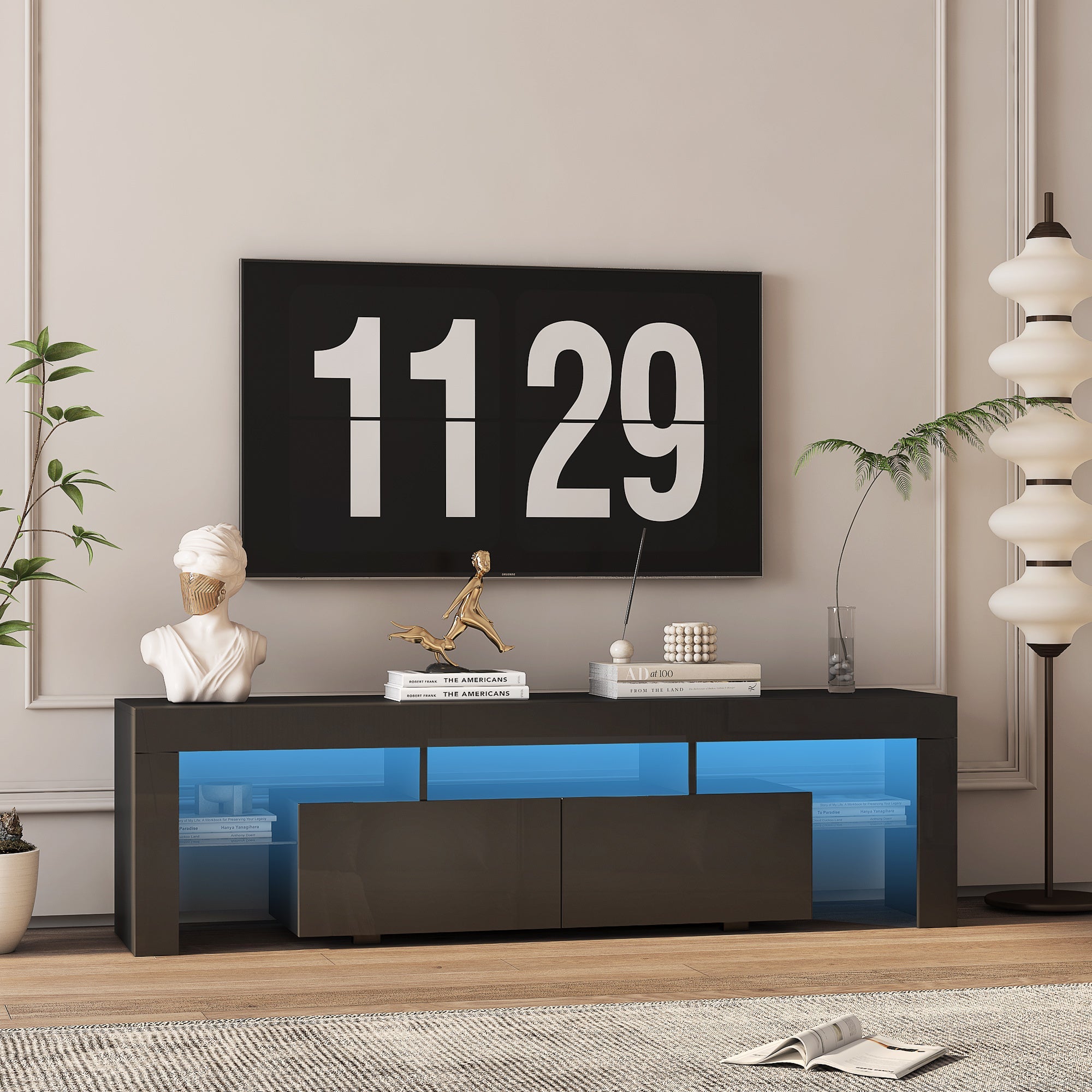 TV Stand High Gloss LED Black MDF Storage Cabinet Fits 65 In TV