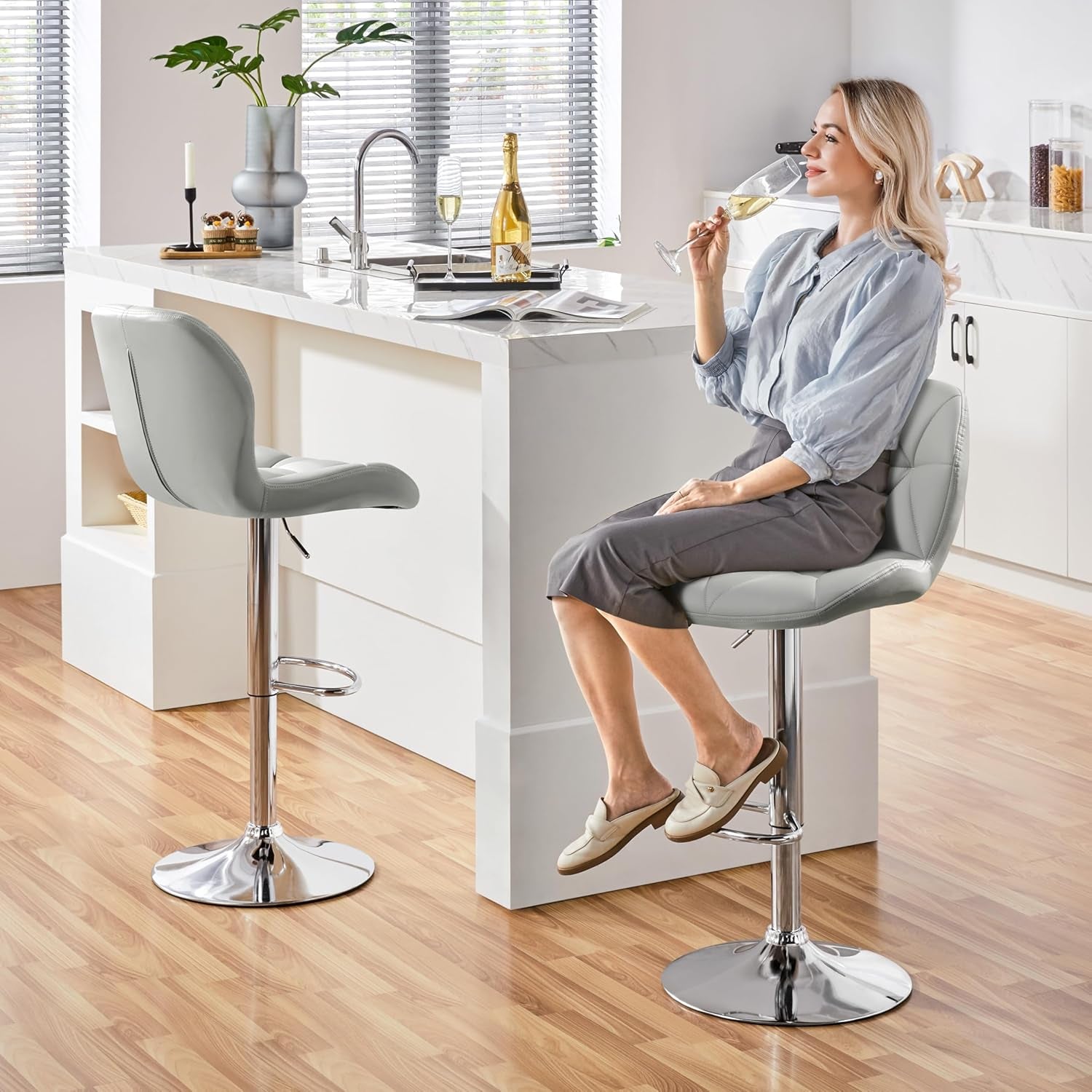 Grey PU Leather Bar Stools Set Of 2 Adjustable Height