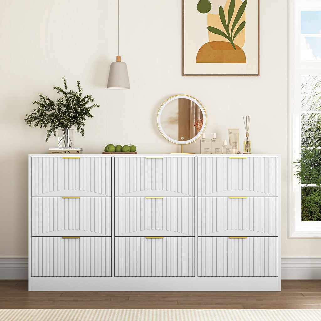 Dresser Classic 9-Drawer White Particle Board Gold Handles 63x15.74 In
