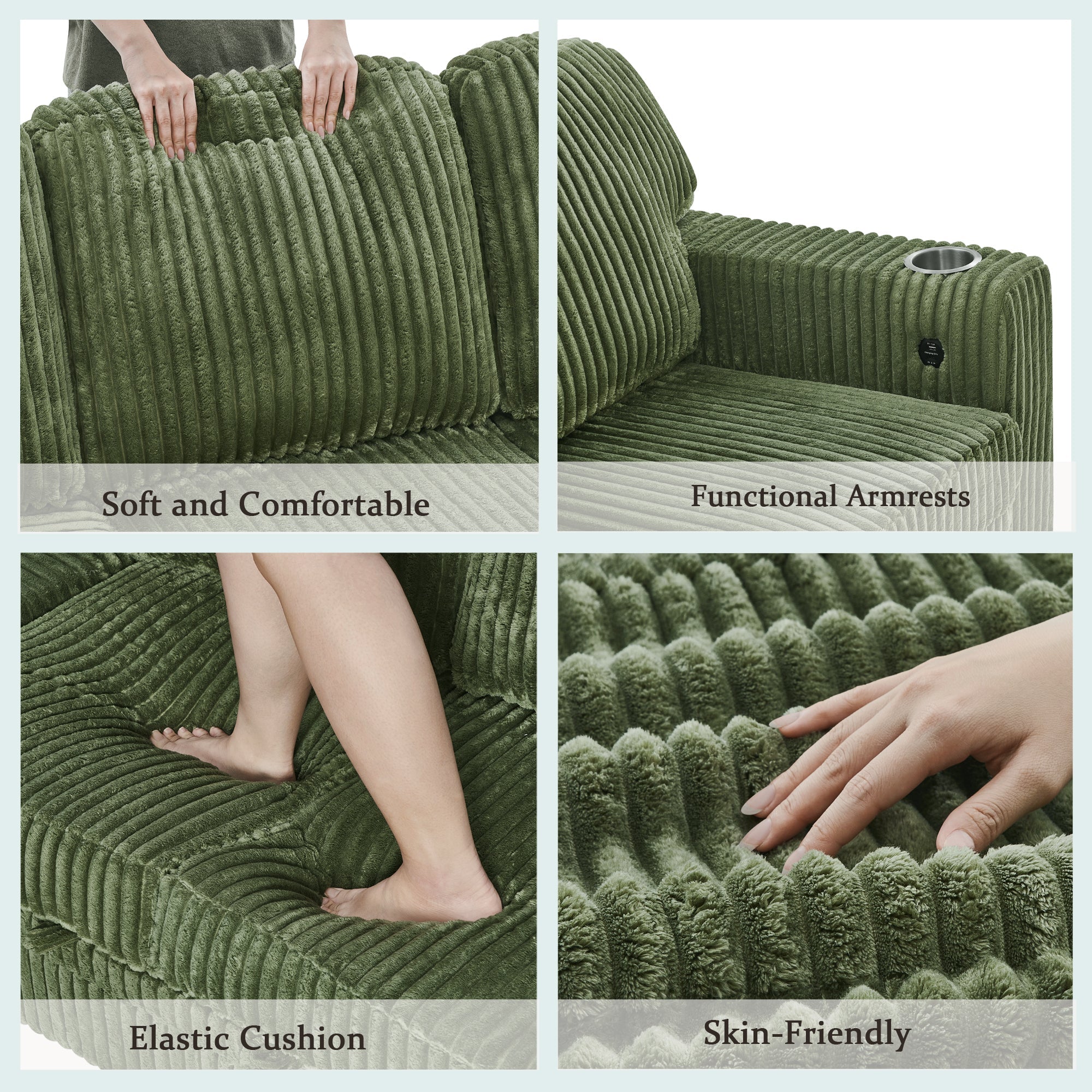 Sofa Bed L-Shape Corduroy Olive Green 5 Seat Pull-Out USB Ports 81 In