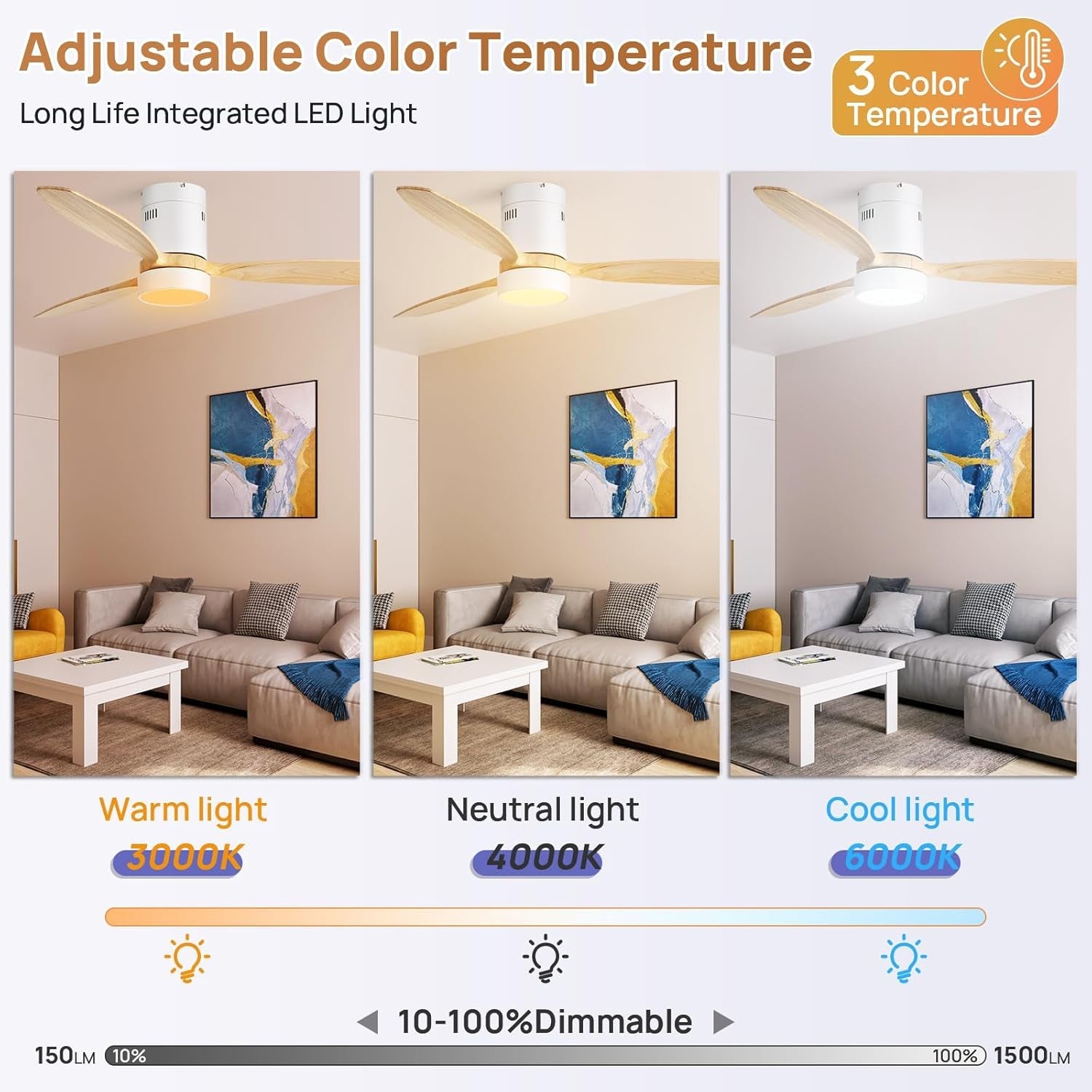 52 Inch White Wood Ceiling Fan With LED Light And Remote