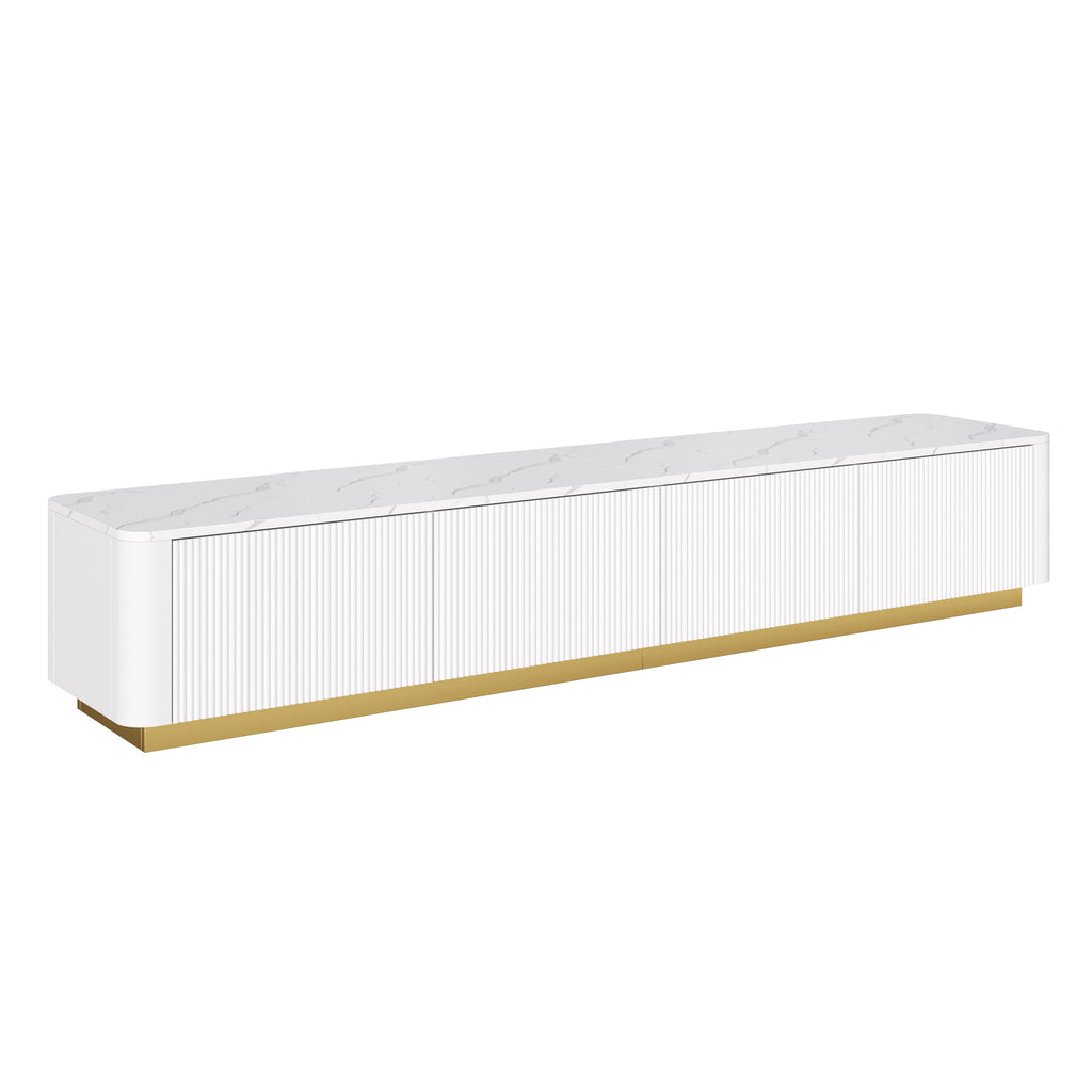 TV Stand Luxury Fluted White MDF Faux Marble Top 4-Drawer Fits 85 In TV