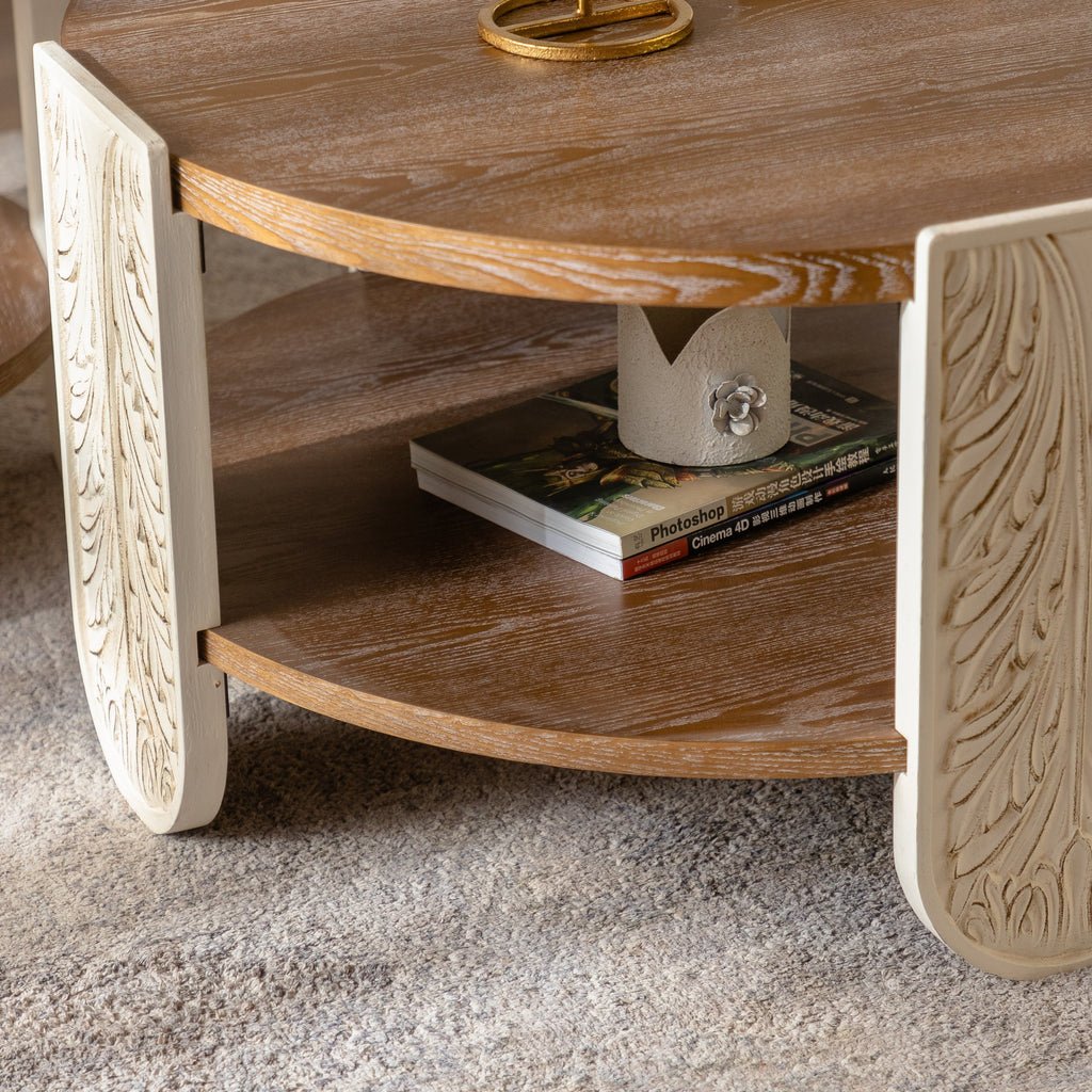Carved Wood Coffee Table, Retro Double-Layer Storage, Palace Style, Small Spaces