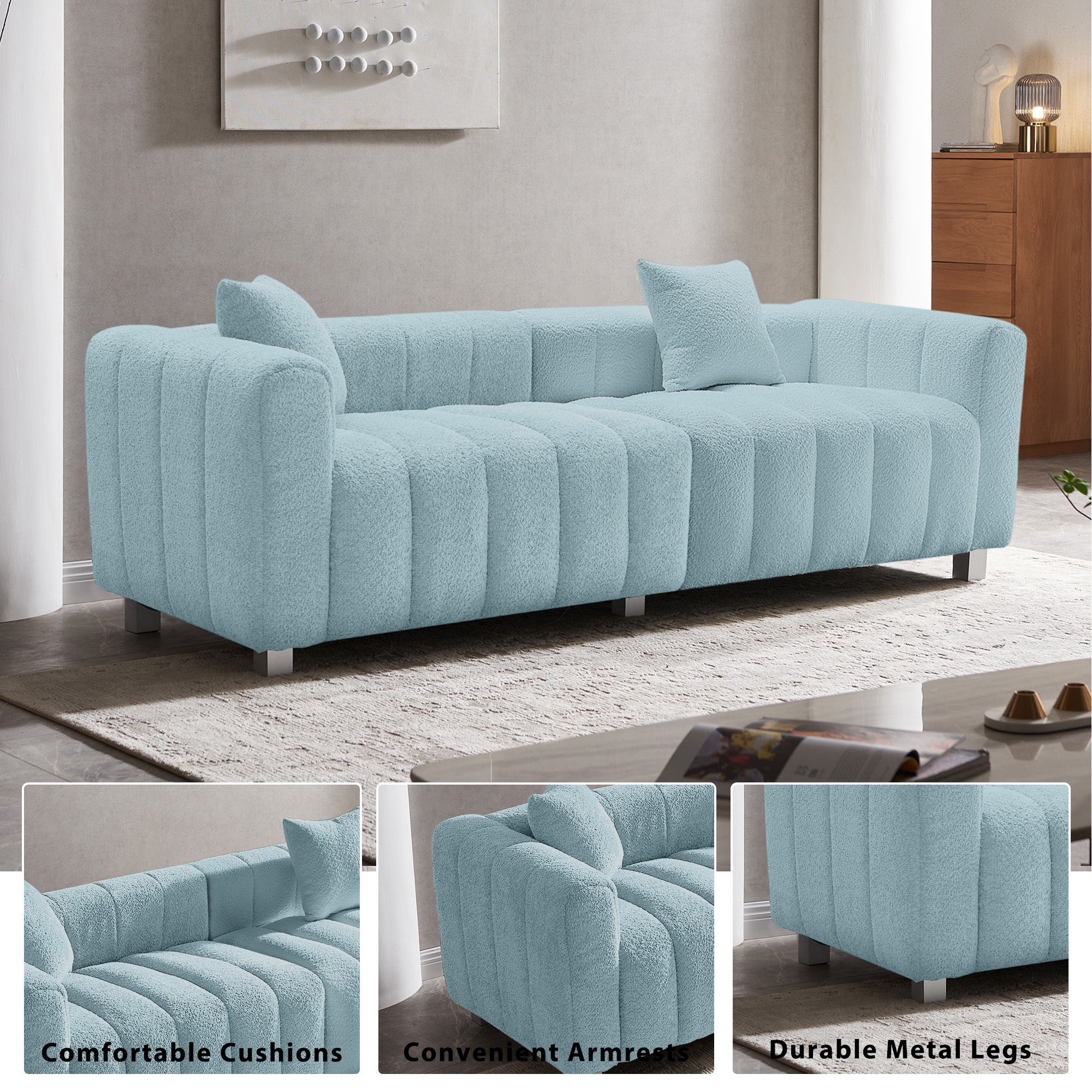 Sofa Modern Velvet Three Seater with Metal Base and Two Pillows