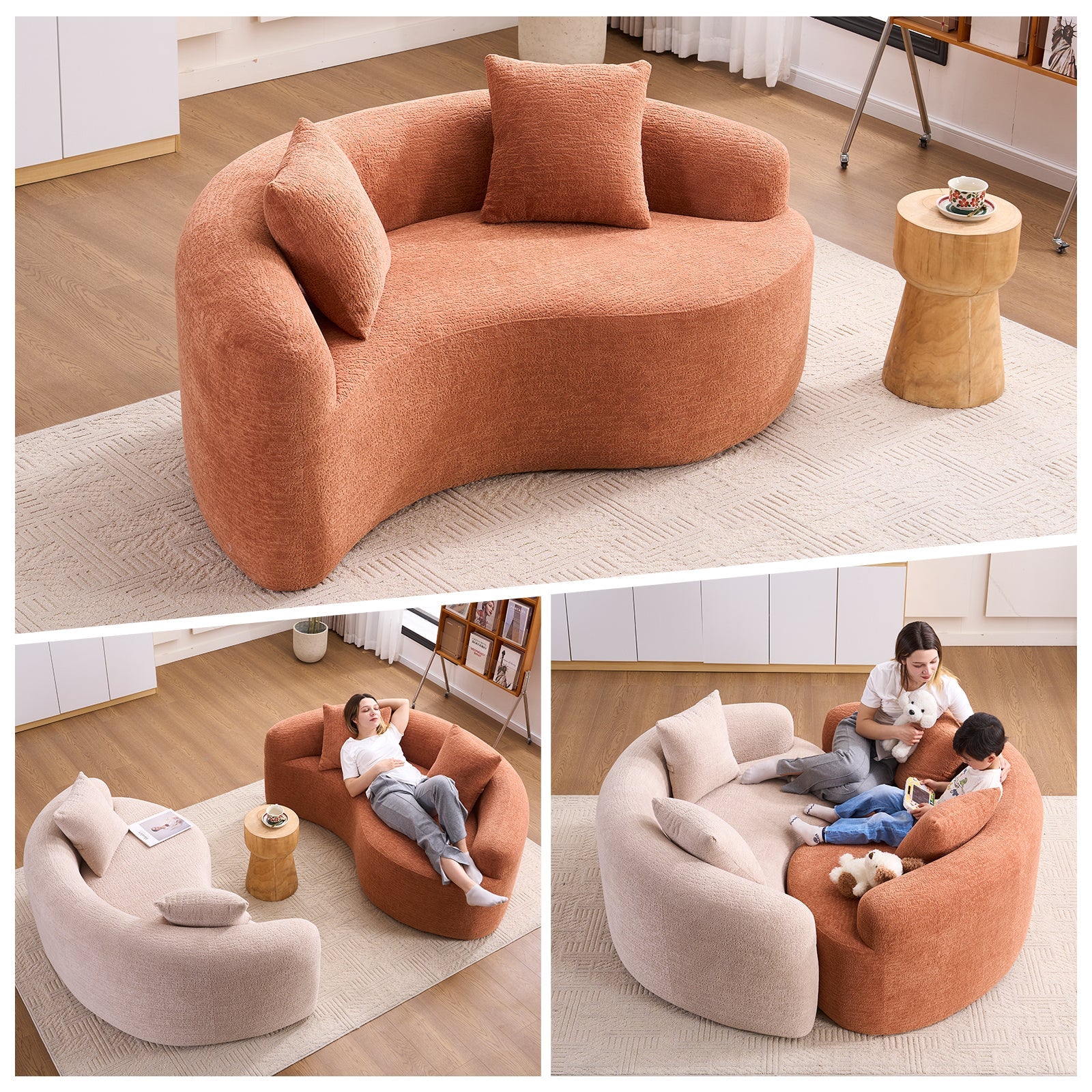 Sectional Sofa S Curve Chenille Coral Pink Dual Depth No Assembly Compact
