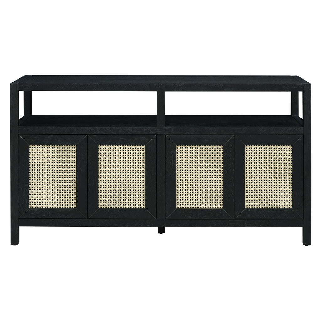 TREXM Bohemian Style Rattan Buffet Storage Cabinet with Solid Wood Frame