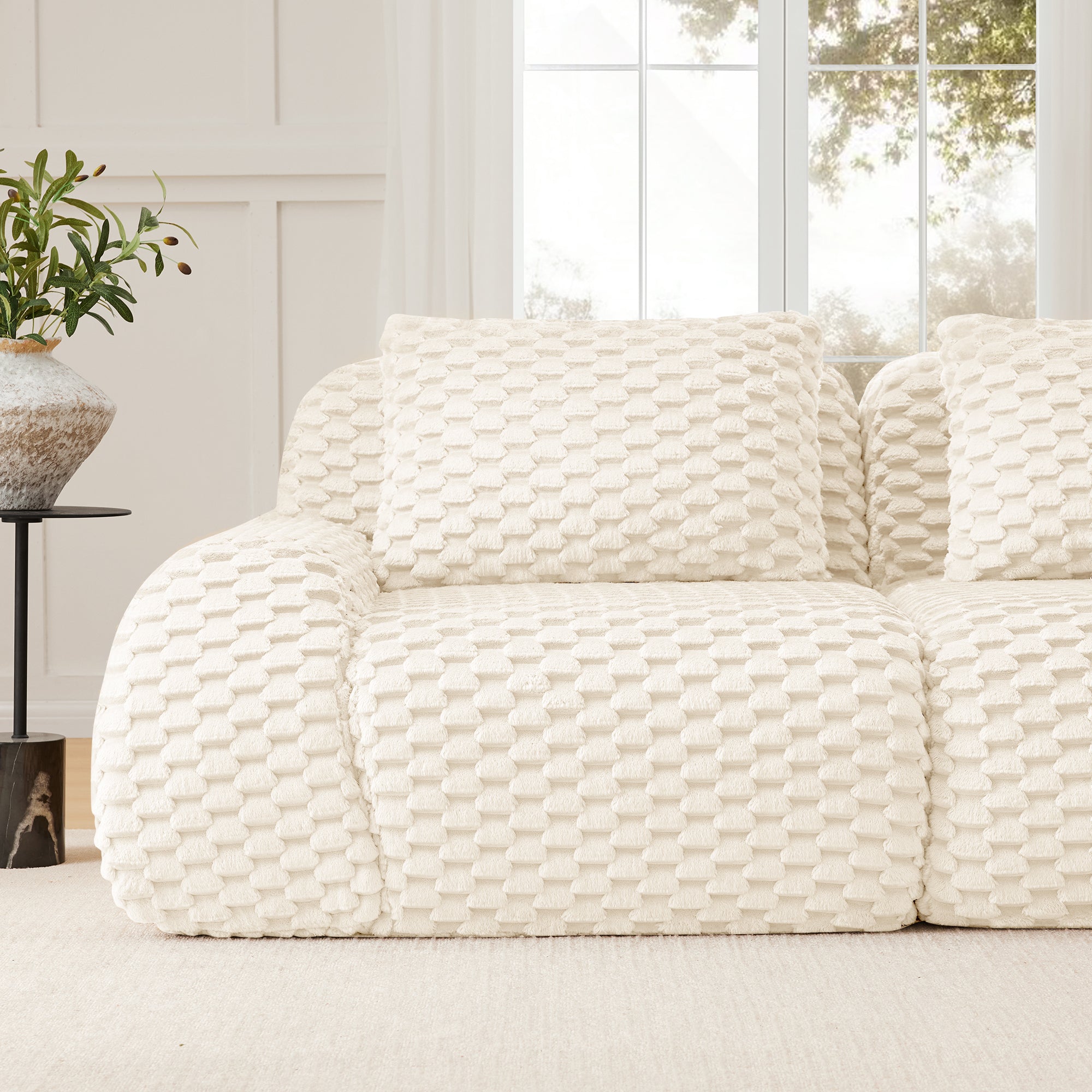 Sectional Sofa Modern Modular Cream Flannelette Deep Seat 82 Inch