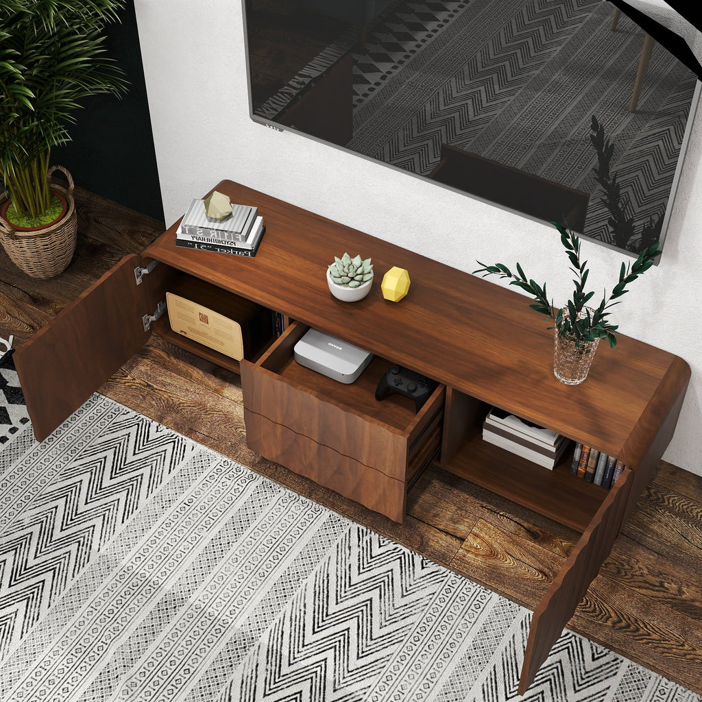 TV Stand Spiral Wave Walnut MDF Floating Base Fits 60 In TV 58.3 In
