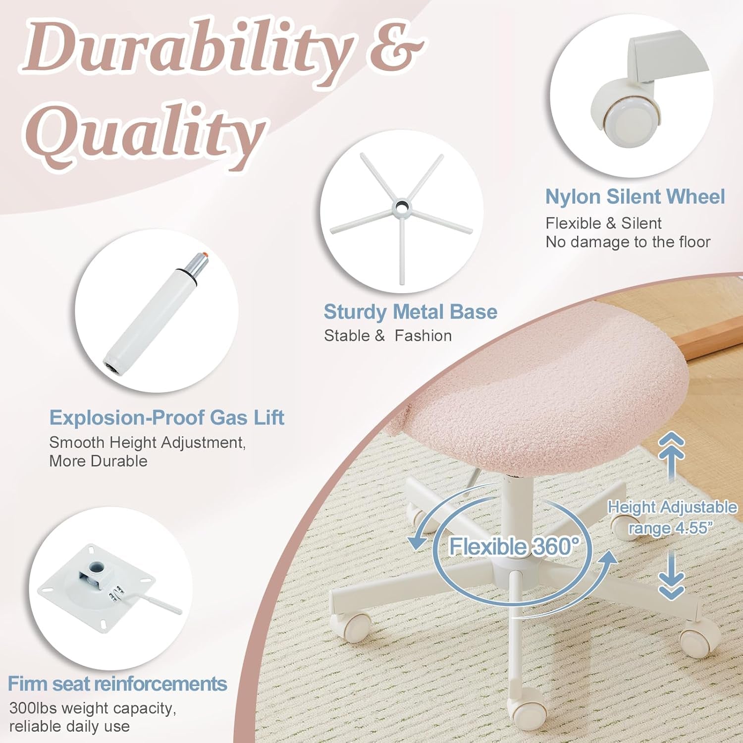 Pink Teddy Desk Chair With Lumbar Support And Wheels