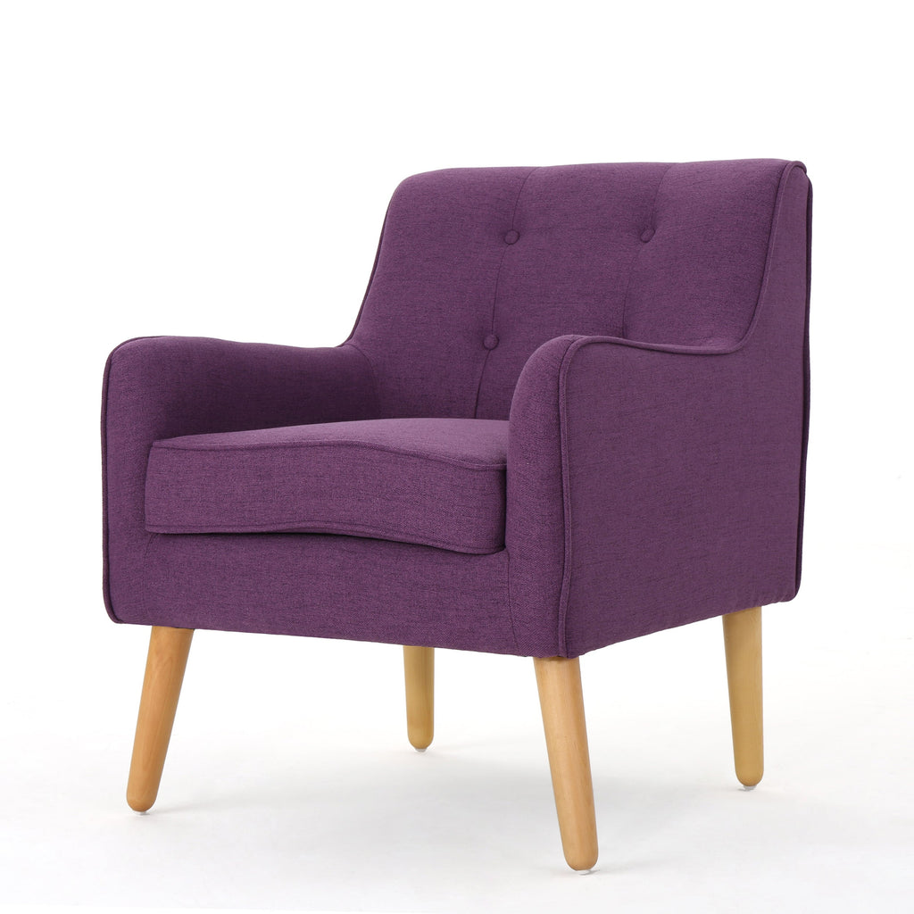 Mid-Century Modern Arm Chair with Tufted Back, Purple Fabric, Birch Wood Legs