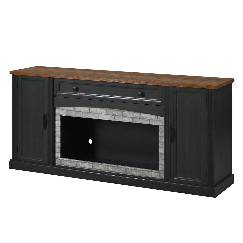 TV Stand Modern Walnut Top Gray Brick MDF Sliding Door Fits 70 In TV 66.9 In