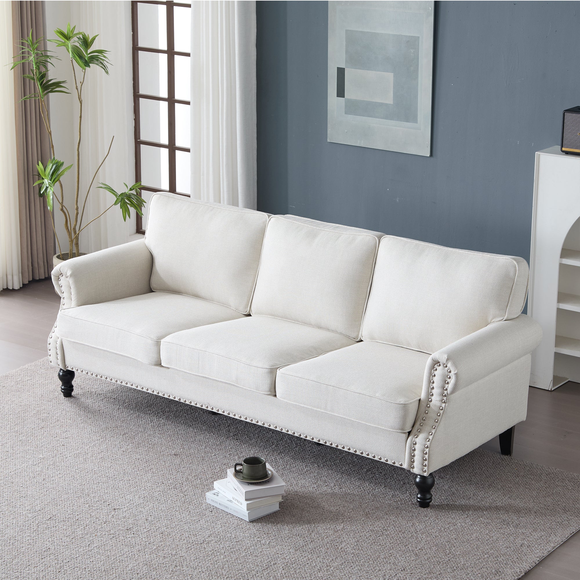 83 Inch Faux Leather Rolled Arm Sofa with Nailhead Trim