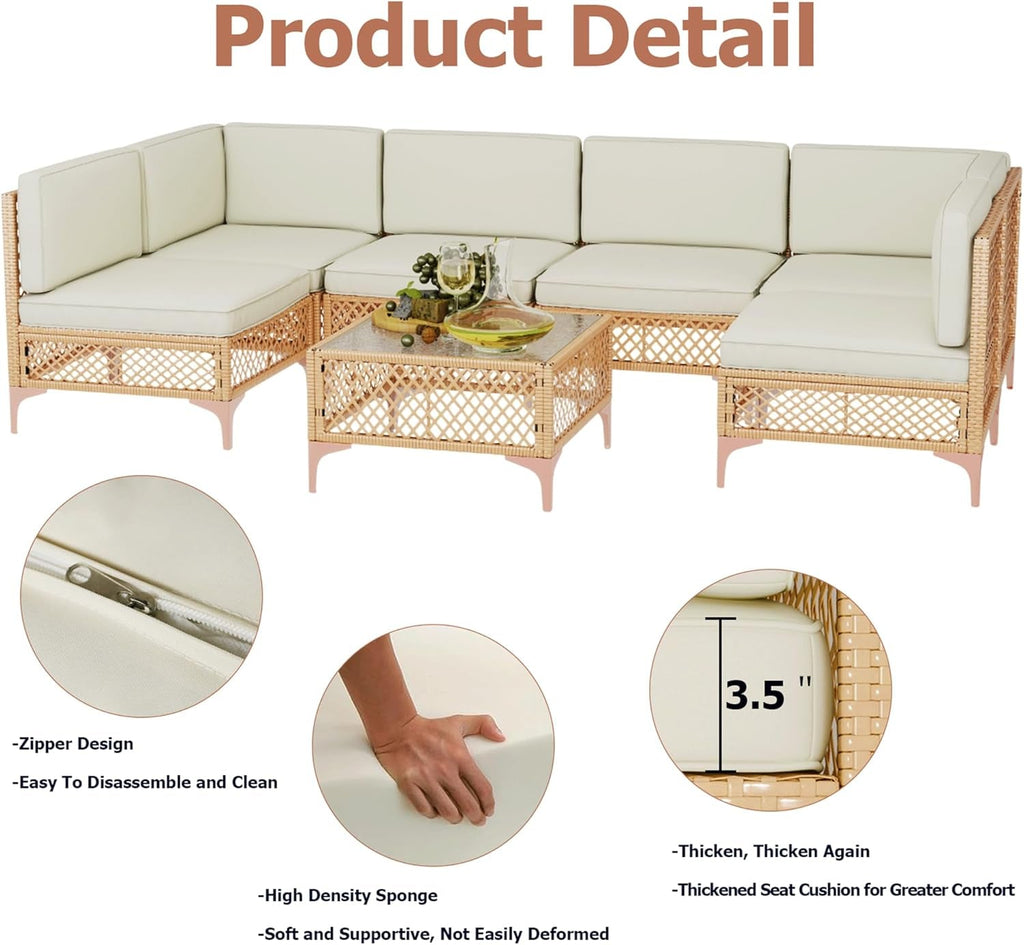 7 Piece Outdoor Wicker Sectional Set With Tempered Glass