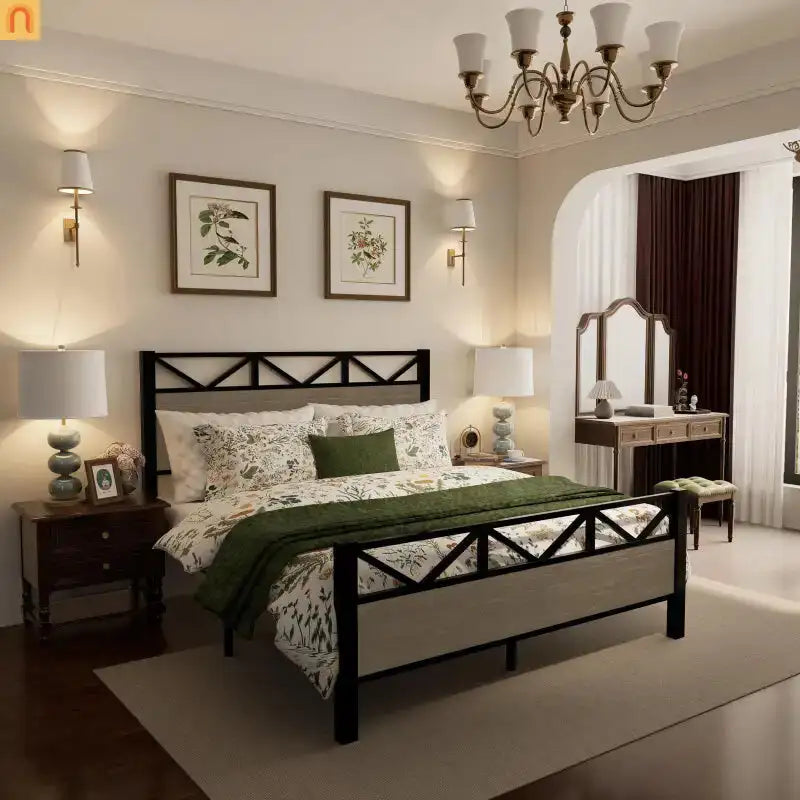 Bed Frame Industrial Metal Brown Easy Assembly Center Support Full Size