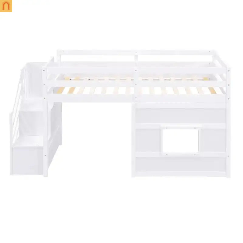 Bed Frame Minimalist Solid Pine Wood White Twin Loft Style Storage Staircase