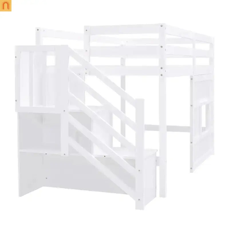 Bed Frame Minimalist Solid Pine Wood White Twin Loft Style Storage Staircase