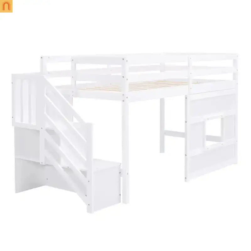 Bed Frame Minimalist Solid Pine Wood White Twin Loft Style Storage Staircase
