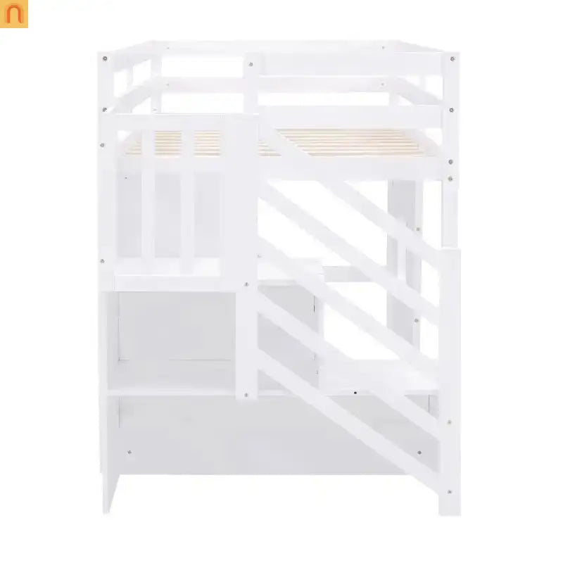 Bed Frame Minimalist Solid Pine Wood White Twin Loft Style Storage Staircase