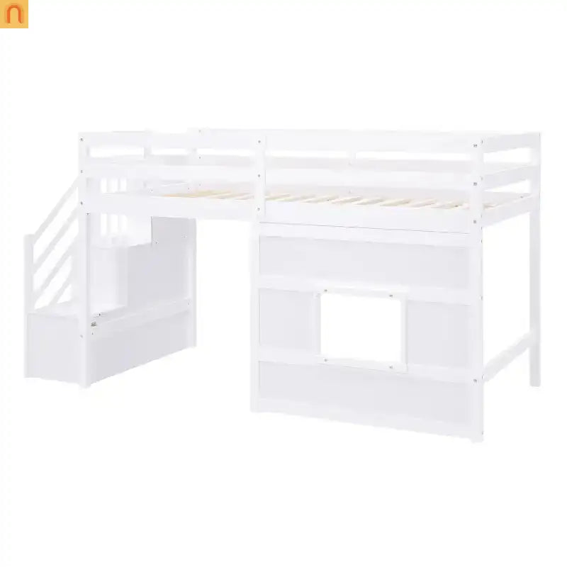 Bed Frame Minimalist Solid Pine Wood White Twin Loft Style Storage Staircase