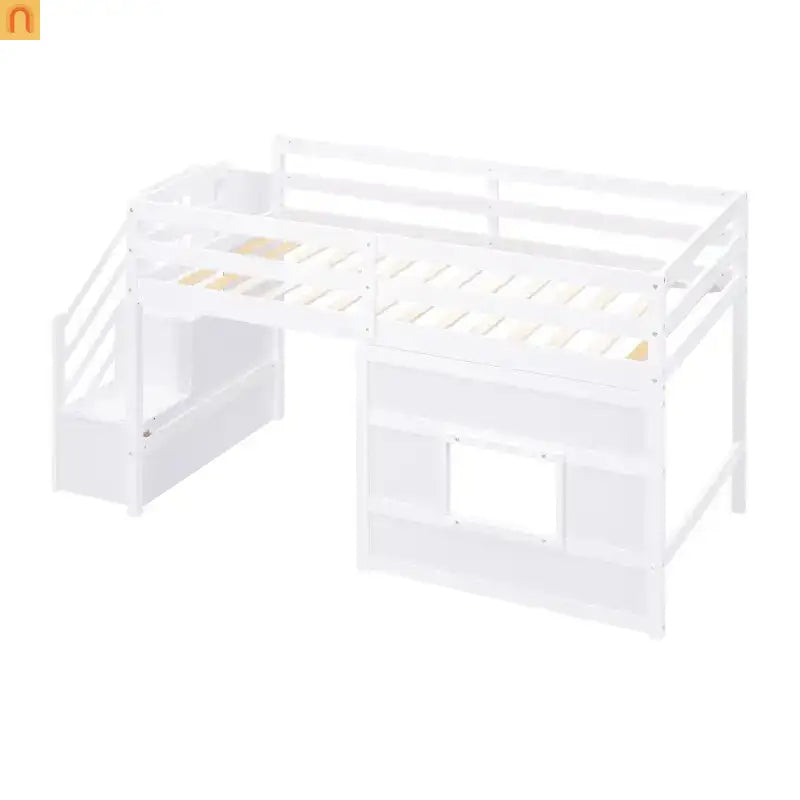 Bed Frame Minimalist Solid Pine Wood White Twin Loft Style Storage Staircase