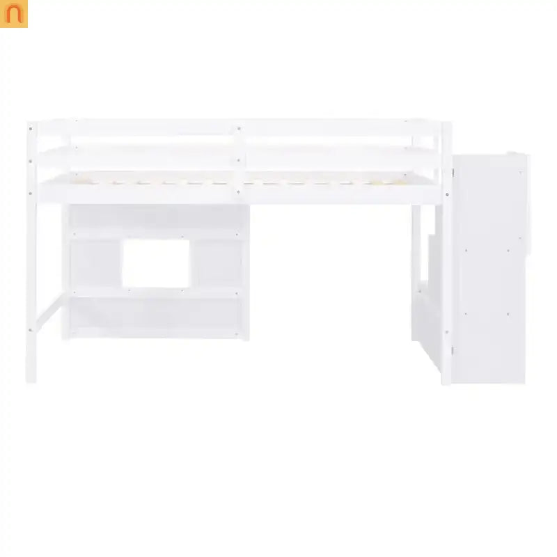 Bed Frame Minimalist Solid Pine Wood White Twin Loft Style Storage Staircase