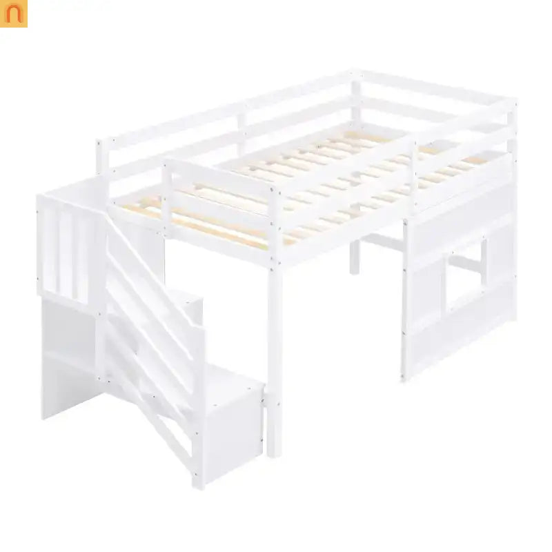 Bed Frame Minimalist Solid Pine Wood White Twin Loft Style Storage Staircase
