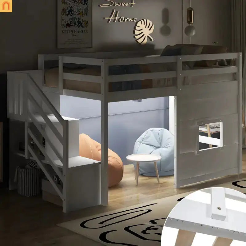 Bed Frame Minimalist Solid Pine Wood White Twin Loft Style Storage Staircase