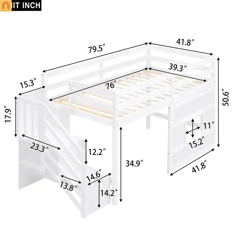 Bed Frame Minimalist Solid Pine Wood White Twin Loft Style Storage Staircase