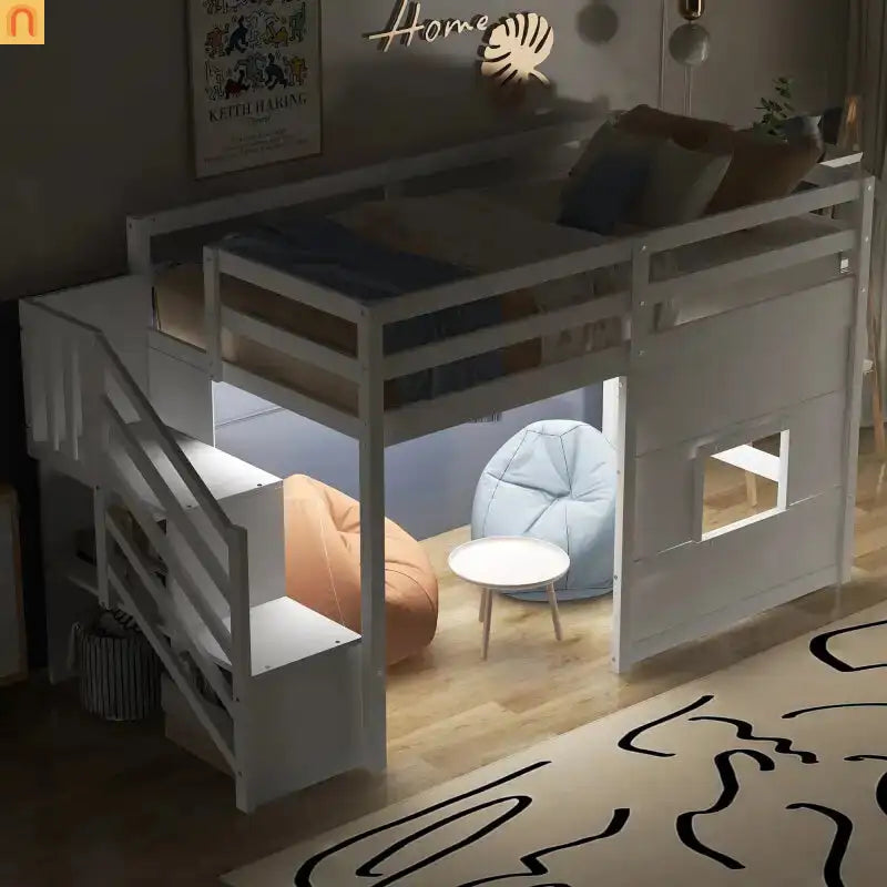 Bed Frame Minimalist Solid Pine Wood White Twin Loft Style Storage Staircase