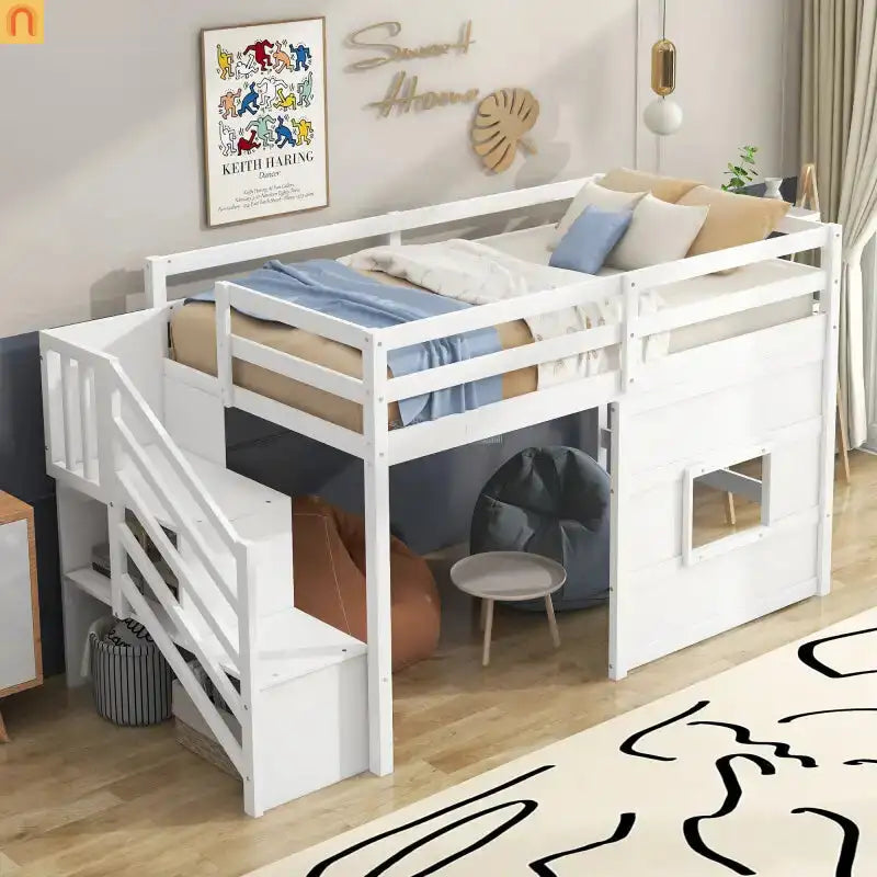 Bed Frame Minimalist Solid Pine Wood White Twin Loft Style Storage Staircase