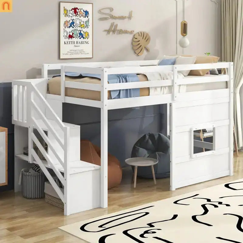 Bed Frame Minimalist Solid Pine Wood White Twin Loft Style Storage Staircase