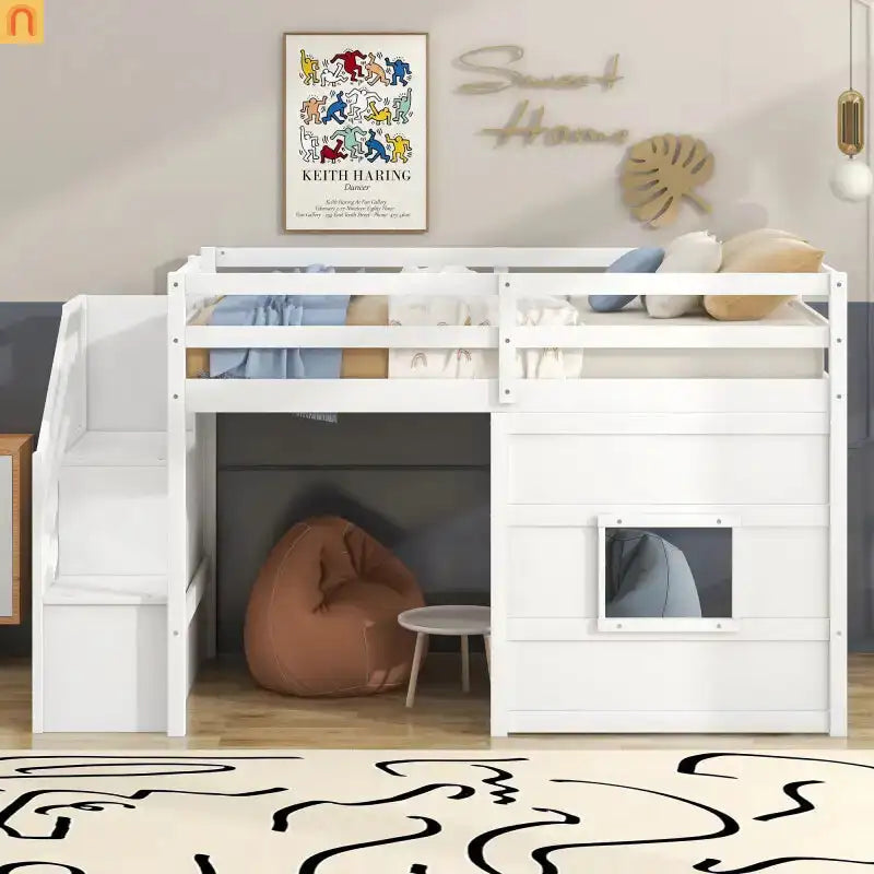 Bed Frame Minimalist Solid Pine Wood White Twin Loft Style Storage Staircase
