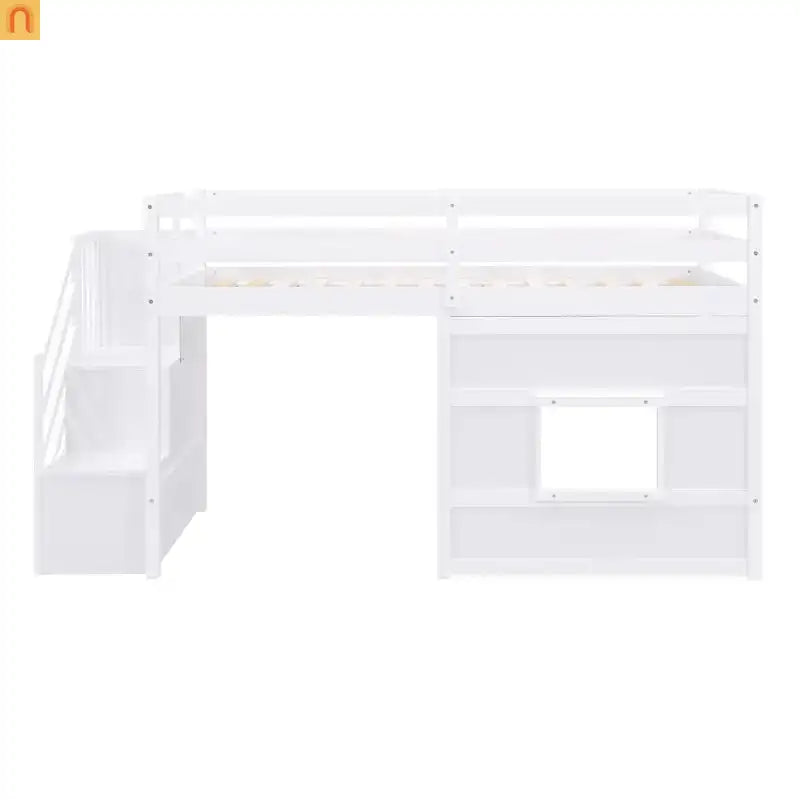 Bed Frame Minimalist Solid Pine Wood White Twin Loft Style Storage Staircase