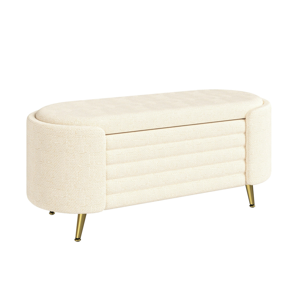 Storage Ottoman Modern Oval Beige Chenille with Metal Legs 44.9l X 18.3W X 18.5h