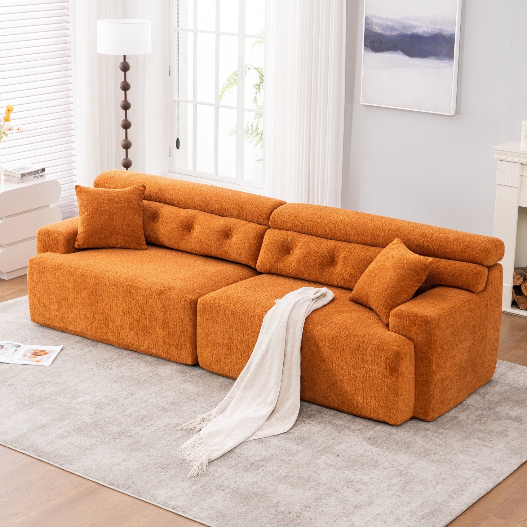 Reconfigurable 4-Seater Sectional Sofa with Wood Grain Chenille Fabric, Amber Orange Modular Sofa with 2 Pillows, High-Density Sponge Couch for Living Room & Apartment