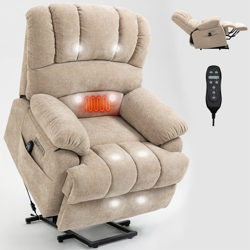 Lift Recliner Chair Power Oversized Chenille Beige 23 In Seat USB 350 LB