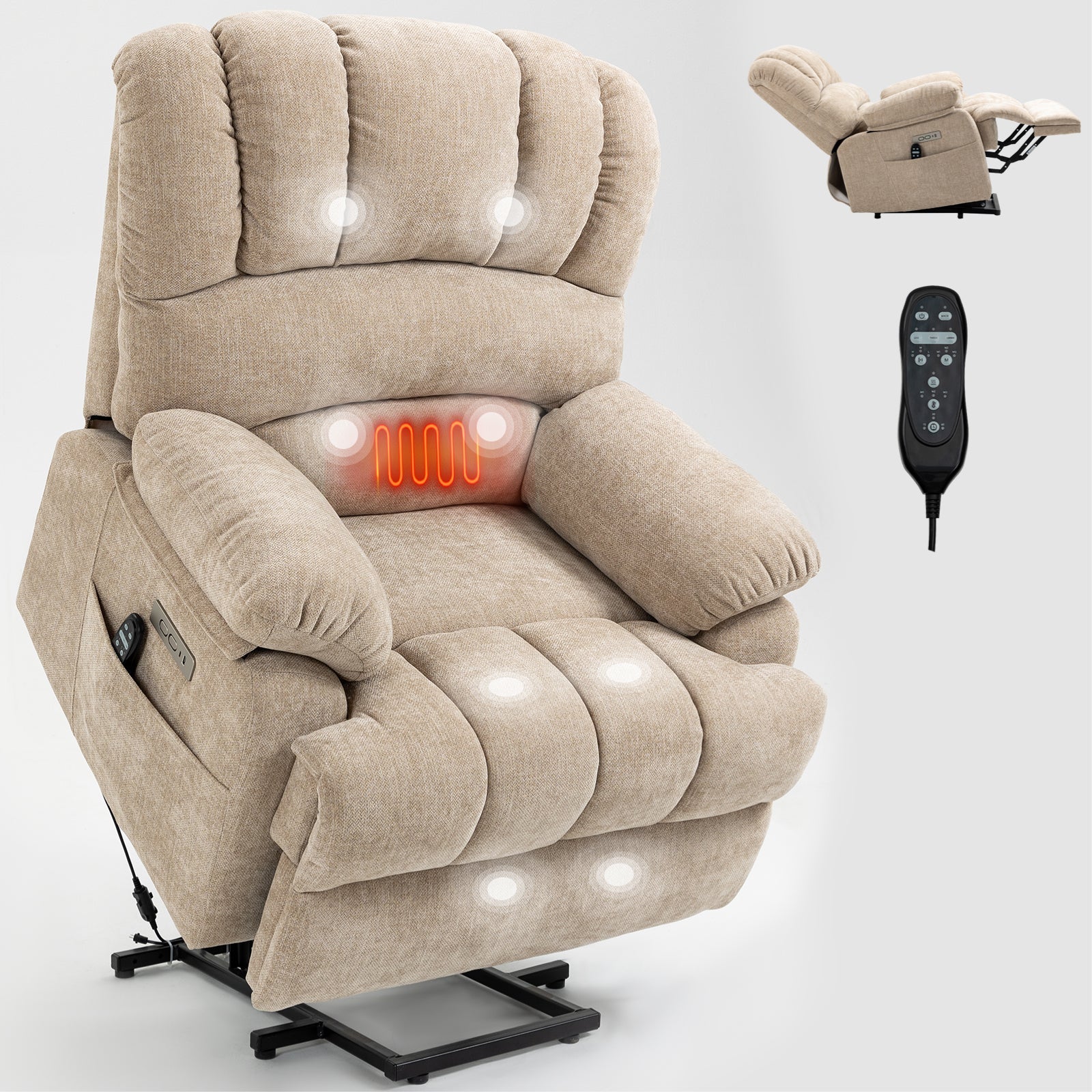 Lift Recliner Chair Power Oversized Chenille Beige 23 In Seat USB 350 LB