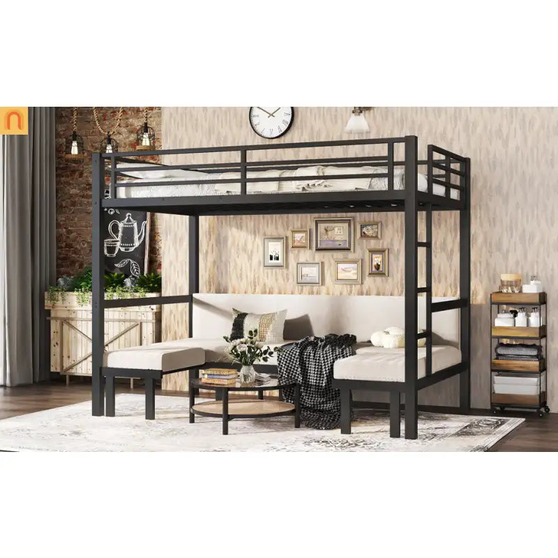 Bunk Bed Twin Xl Over Twin Xl Metal Black with Three Section Pull Out Lower Bunk