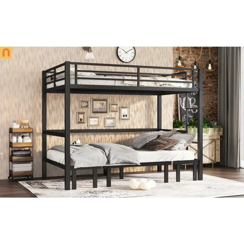 Bunk Bed Twin Xl Over Twin Xl Metal Black with Three Section Pull Out Lower Bunk
