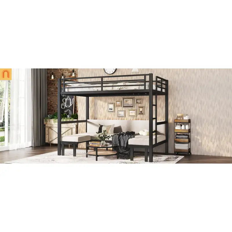 Bunk Bed Twin Xl Over Twin Xl Metal Black with Three Section Pull Out Lower Bunk