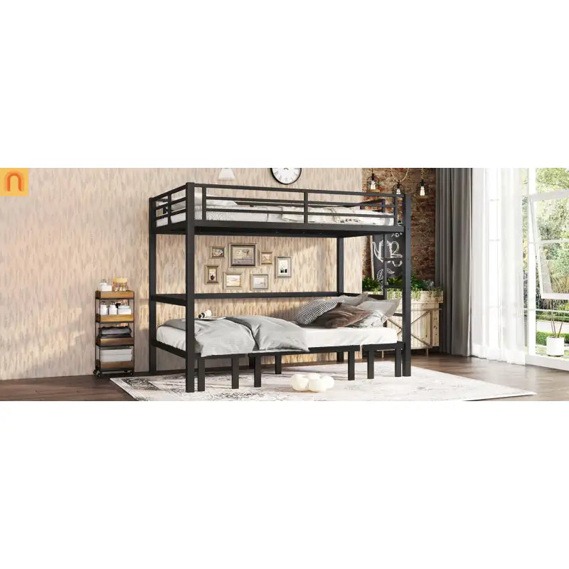 Bunk Bed Twin Xl Over Twin Xl Metal Black with Three Section Pull Out Lower Bunk